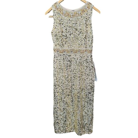 Mac Duggal Gold Embellished Sleeveless High Neck Midi Dress 2 - Picture 2 of 12